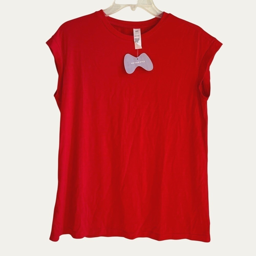 Mangopop Womens Red Cap Sleeve Crew Neck T Shirt Size Medium NWT Minimalist